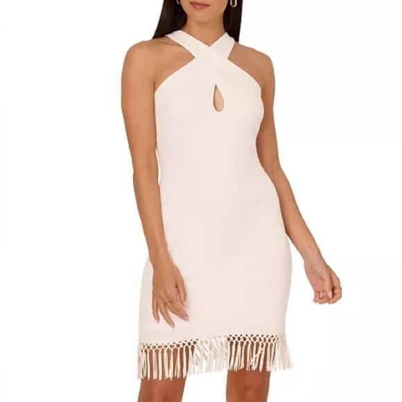 Adrianna by Adrianna Papell Women's Halter-Neck Fringe-Trim Sheath Dress Sz 12 - Picture 1 of 8